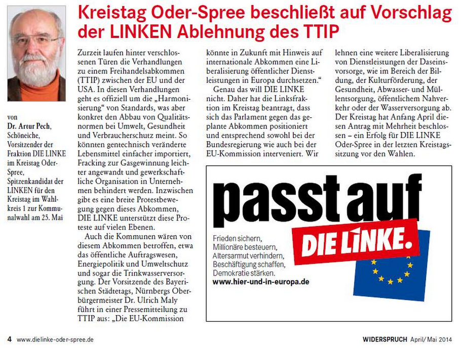 Land Brandenburg - Kreistag Oder-Spree beschließt Ablehnung TTIP