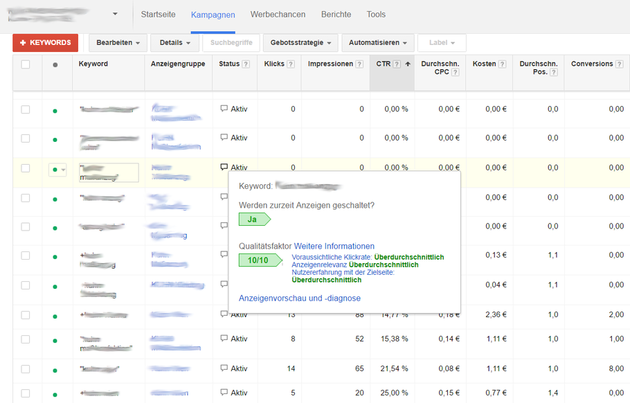Darstellung des Qualitätsfaktors in der klassischen Google AdWords Ansicht