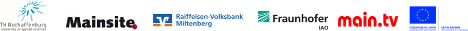 Logos der TH Aschaffenburg, Mainsite, Raiffeisen-Volksbank Miltenberg, Fraunhofer IAO, main.tv, Europäischen Union