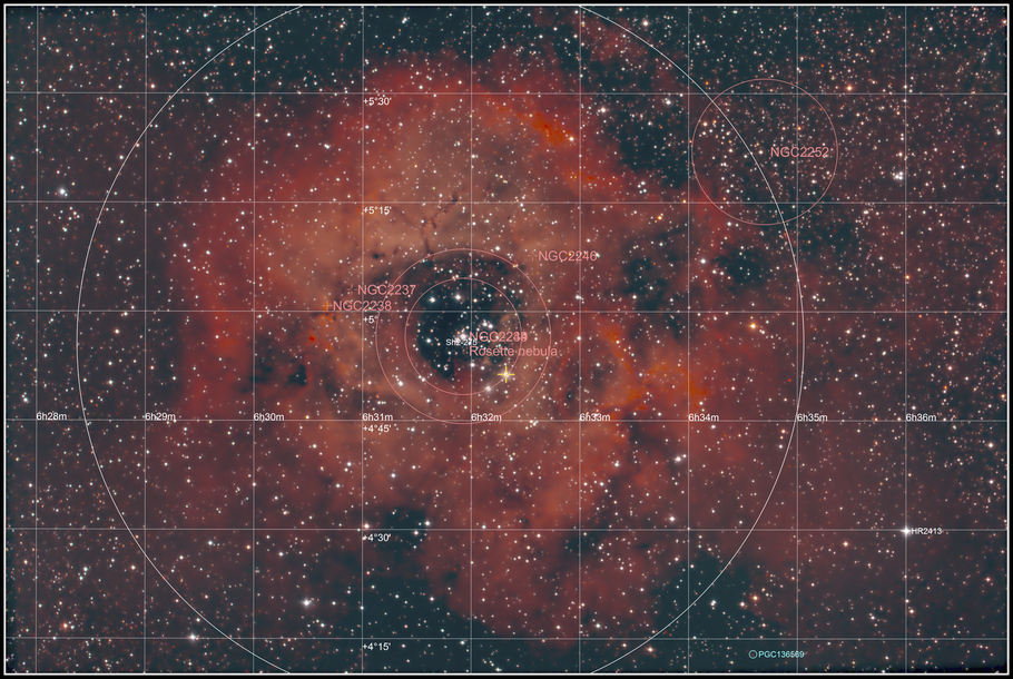  NGC 2237 • NGC 2238 • NGC 2239 • NGC 2244 • NGC 2246 • Rosettennebel- Objektidentifikation - MeixnerObservatorium 