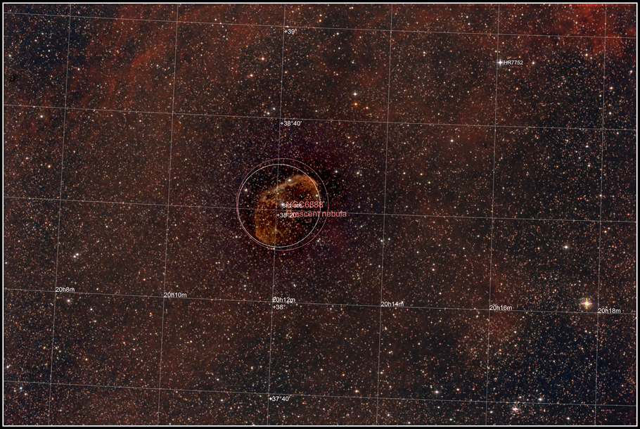 NGC 6888, Crescent-Nebel, Sichelnebel, LBN 203, H 4. 72, GC 4561 - Objektidentifikation MeixnerObservatorium 