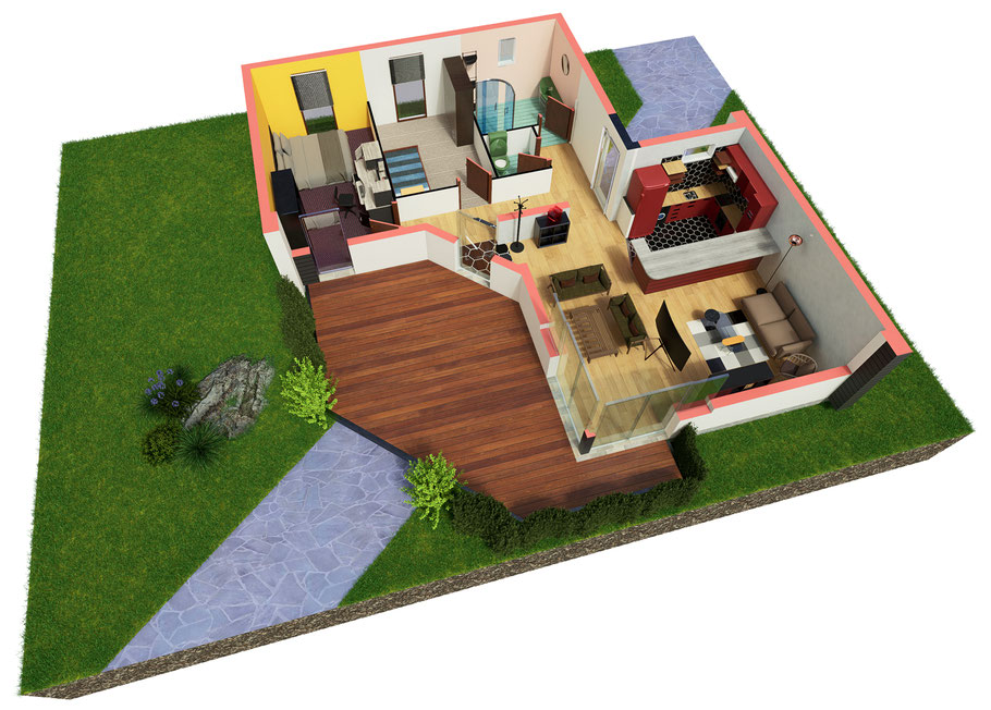 Rendu 3D réaliste d’une gamme de maisons en ossature bois, modélisation réalisée pour un constructeur basé en Bourgogne (21) par O Coeur des Plans.