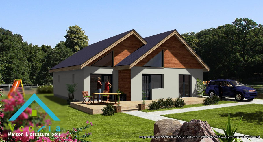 Illustration 3D d’un projet pour constructeur de maison en bois, visualisation architecturale.