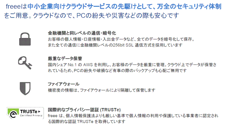 freeeでは、パスワードやID、金融機関と同等のセキュリティレベルの暗号通信を採用するなどのセキュリティー体制を整え、また国際的な認証機関である TRUSTe による認証も取得しています。