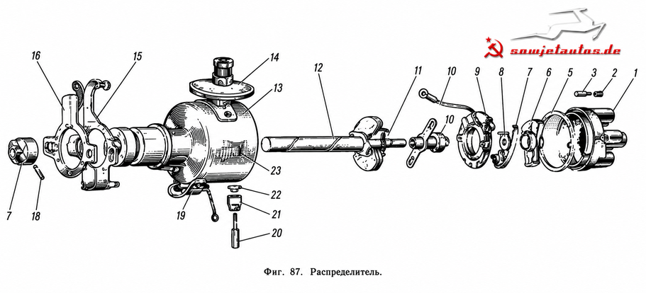 Zündverteiler und die Zündzeitpunktsteuerung ZIL-157. Distributor and ignition timing SIL 157. Распределитель и управление опережением зажигания ЗИЛ-157.