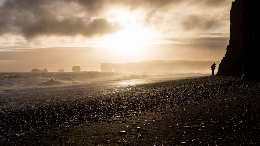 Sunset at Reynisfjara black beach in Iceland