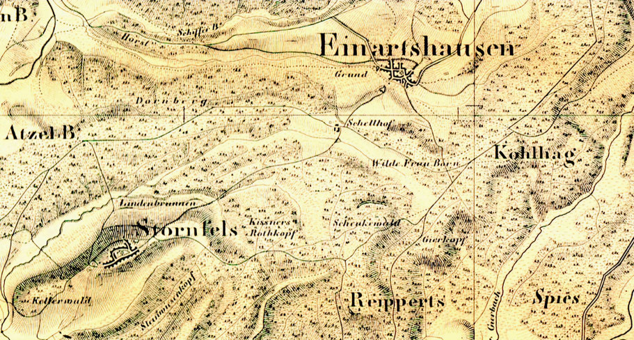 Kartenausschnitt: Großherzogtum Hessen 1823–1850 – Blatt 12 Schotten / „Wilde Frau Born“ beim Schellhof bei Stornfels
