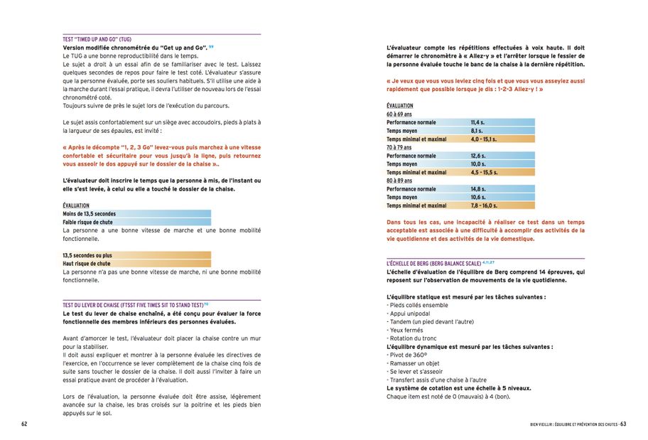 - Test "Timed up and go" TUG  - Test du lever de chaise ( FTSST Five times sit to stand test)  - L'échelle de Berg (Berg Balance Scale)