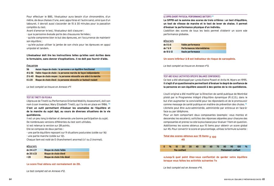 - L'échelle de Berg (Berg Balance Scale)  - Test de Tinetti ou P.O.M.A  - Le SPPB (Short Physical Performance Battery)  - Test ABC-SCALE ( Activities Specific Balance Confidence)