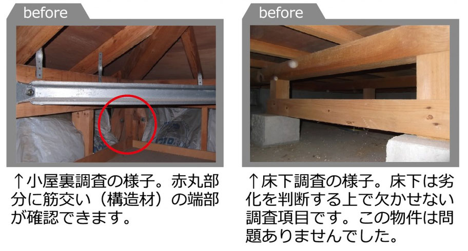 天井小屋裏部や床下束柱の状態を目視で確認。