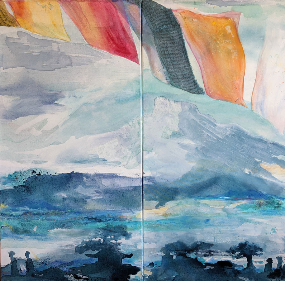 Machapucharé (the fisch tail), Diptychon, Mischtechnik auf Leinwand, 100 x 100 cm, 9/19 - Caroline Baum