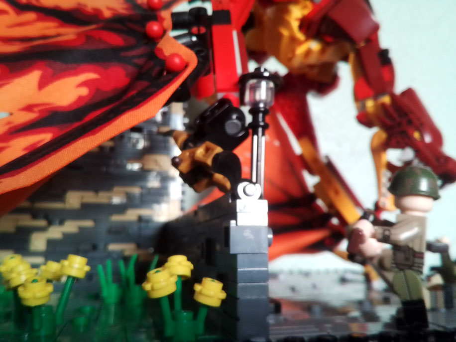 LEGO® tank et soldats en pleine guerre fantastique contre un dragon
