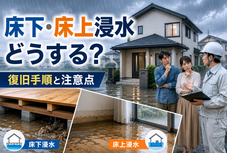 大雨で住宅周辺が冠水し、床下浸水と床上浸水の違いを示す図と、復旧手順を相談する住宅所有者と専門家の様子。