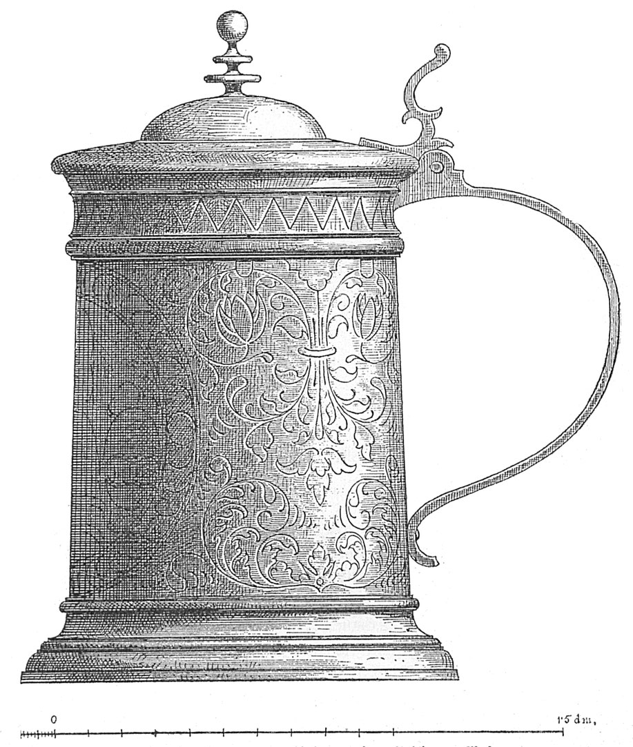 Gravierter Zinnkrug, 16. Jahrhundert, aus dem Salzburger Museum.