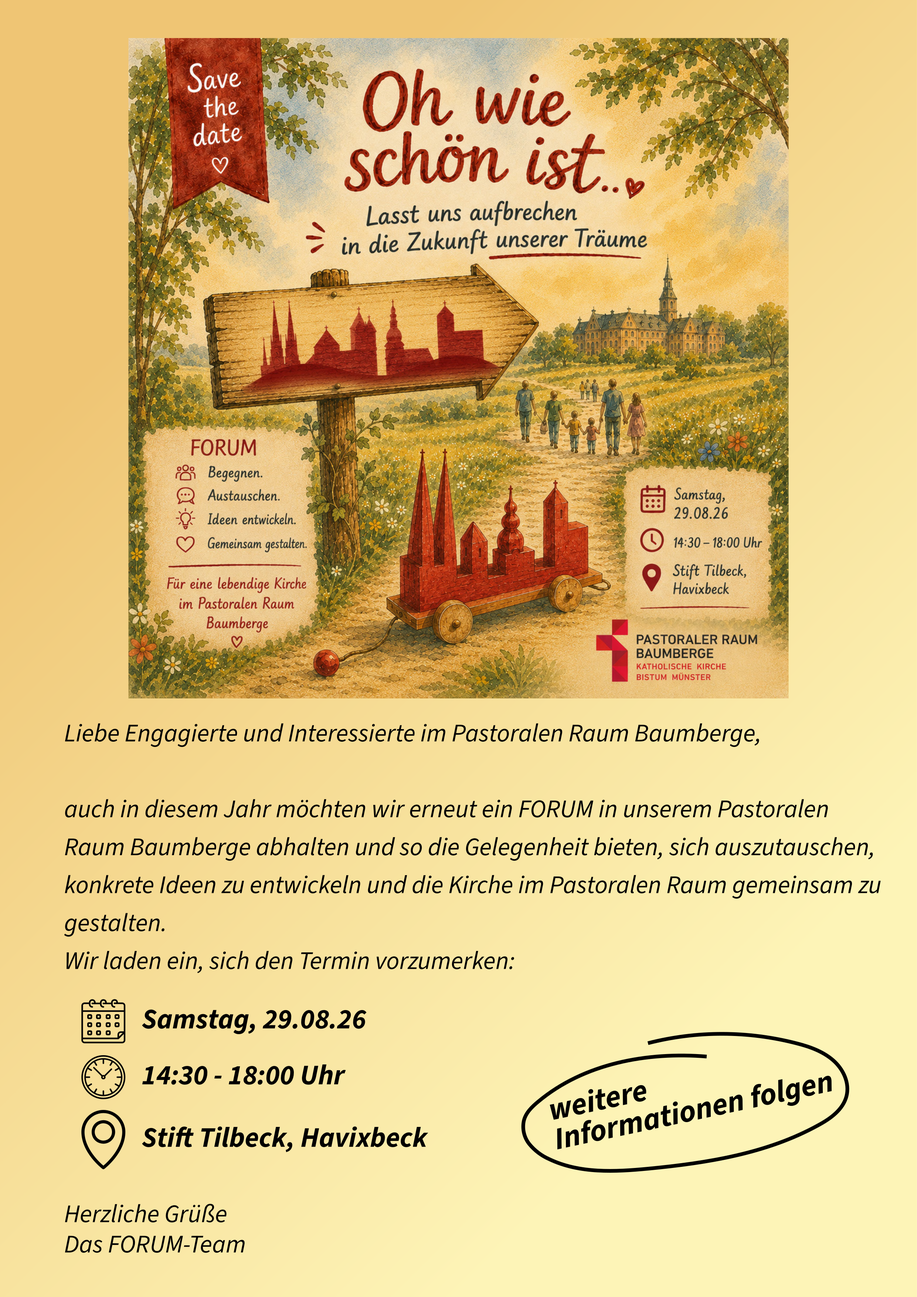 Save the Date, Einladung zu einem Forum Pastoraler Raum, Stift Tilbeck, 29.08.26