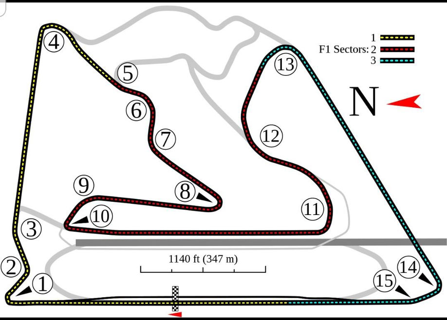 Il circuito del Bahrein nel suo classico layout, con presenti anche il layout Outer Circuit (la bretella tra la curva 4 e 5, ed il circuito endurance tra curva 4 e 5. Wikipedia 