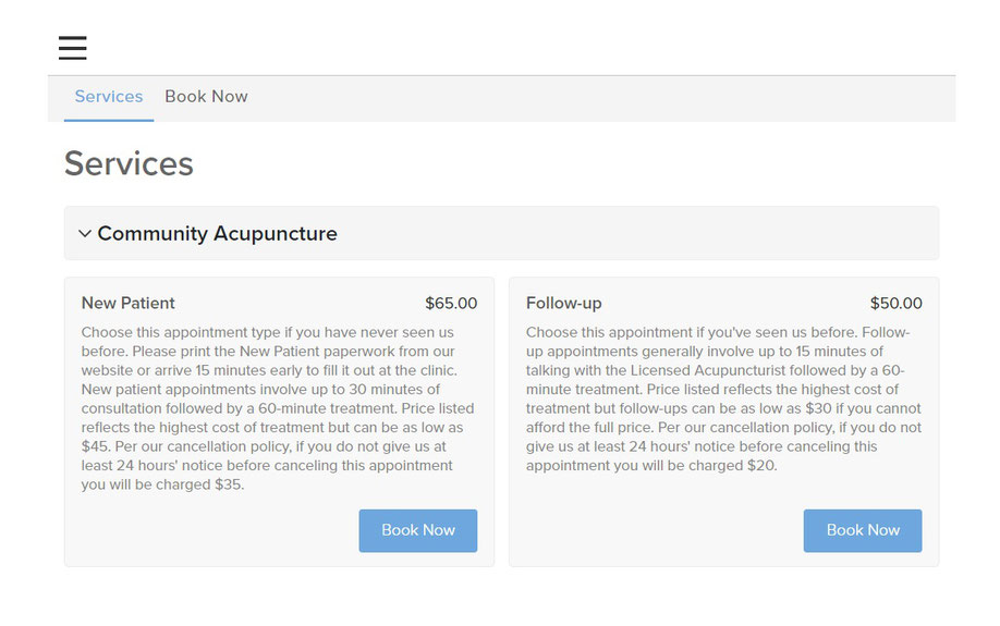 Beachside Community Acupuncture PLLC online scheduler screenshot of appointment types