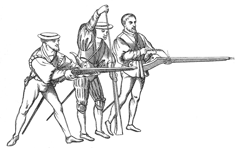 Fig. 7. Schützen im waagerechten Anschlag, nach einem Bilde von M. Feselen. 1533. (Kgl. Pinakothek zu München.)