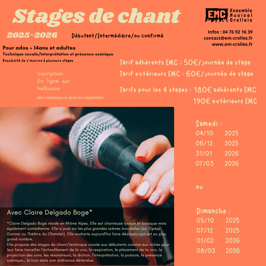 EMC ; affiche ; stage de technique vocale; Claire Delgado; Crolles; Ecole de musique