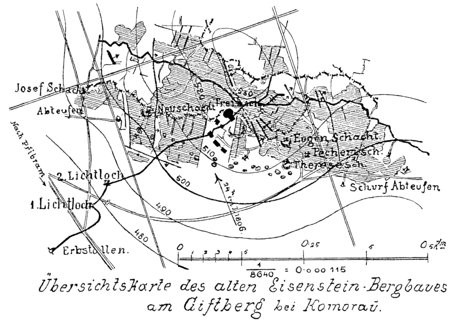 Übersichtskarte der Stollen und Schächte am Giftberg (gezeichnet 1895 von J. Posepny)