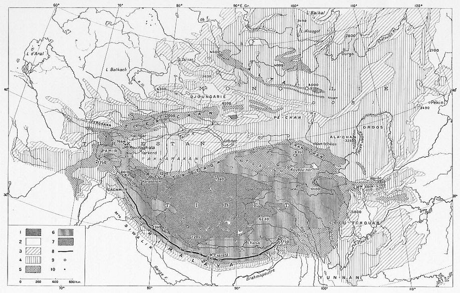 Carte hypsométrique de la Haute Asie. Fernand Grenard (1866-1942) : Haute Asie. [Mongolie, Turkestan chinois, Tibet]. Deuxième partie du tome VIII de la Géographie Universelle. Colin, Paris, 1929.