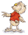 Der Steinkauz Fabian ist mit dem Fernglas in den Händen im Wald unterwegs. Um ihn herum sind viele Bäume mit verschiedenen Waldtieren und drei Kindern, die diese entdecken und dort spielen.