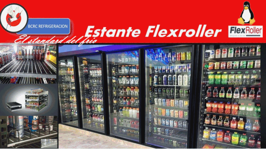 alt="Estante FlexRoller instalado en cámara de refrigeración tipo Oxxo para autoservicios