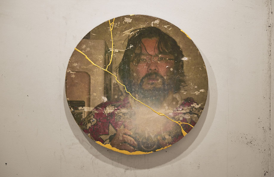 Self Portrait, 2016 (Transfer photograph to concrete and kintsugi, paint)