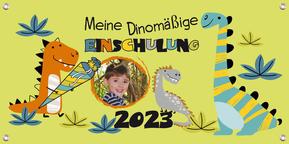 Banner zur Einschulung 100 x 50 cm - mit Foto personalisierbar | Lustige Dinos - grün - Nachhaltige PVC-freie Banner -  die umweltfreundliche Alternative zu herkömmlichen Bannern aus Kunststoff und PVC