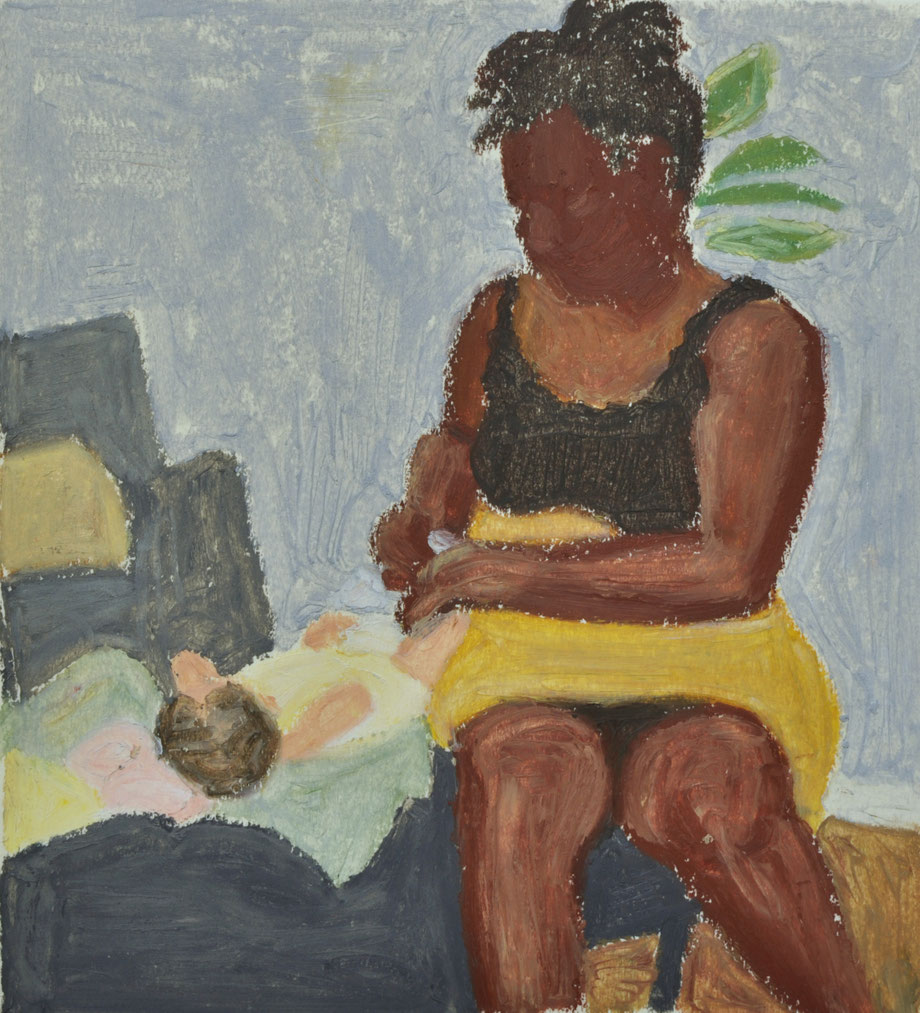 Kim and Amé, another mother with another new daughter, oil pastel on paper, 16x16cm