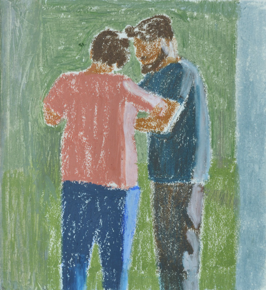 Philippe and Tariq, oil pastel on paper, 16x16cm