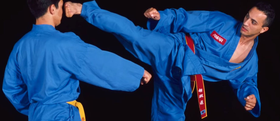 Meister des Vovinam Viet Vo Dao demonstriert einen Tritt mit der Fußaußenkante.