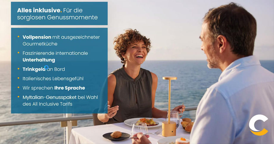 MyItalian-Genusspaket: Genießen Sie verschiedenste Getränke und den italienischen Genuss von Pizza und Eis an Bord!