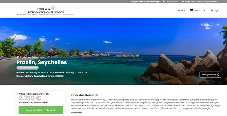 Die Anreise erfolgt per Fähre oder Flug ab Mahé, auch die Insel La Digue ist von Praslin aus per Fähre erreichbar.