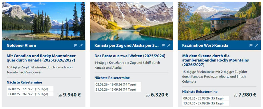 Bahn-Erlebnisreisen in Kanada, mit Canadian und Rocky Mountaineer, Nova Scotia bis British Columbia...