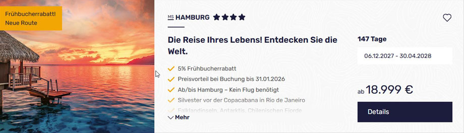 Die Kreuzfahrt-Reise Ihres Lebens  Europa-Südamerika-Antarktis-Südsee-Mittelamerika. Ab-bis Hamburg mit 1000.- € Buchungsvorteil