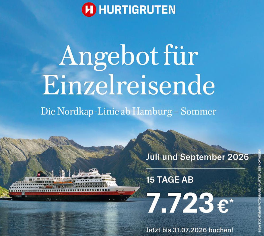 Hurtigruten Nordlicht Spezial 15 Tage ab/bis für Einzelreisende  Hamburg ab 2.999.- € 