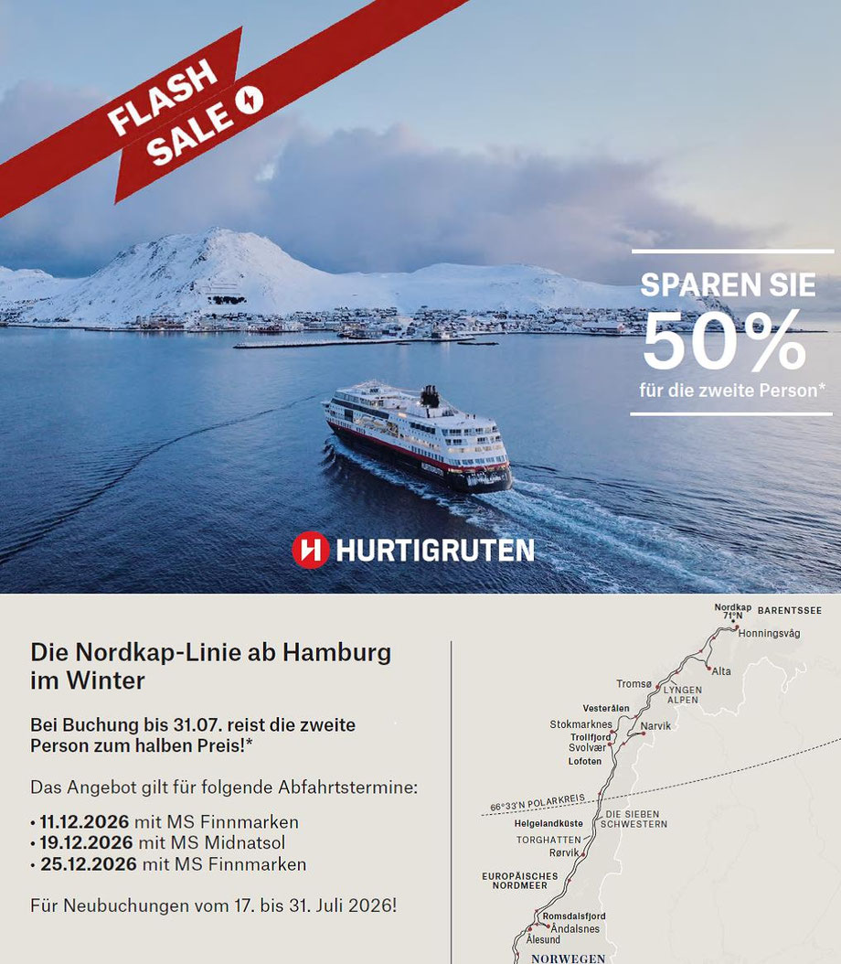 Hurtigruten Nordlicht Spezial 15 Tage ab/bis für Einzelreisende Hamburg ab 2.999.- €