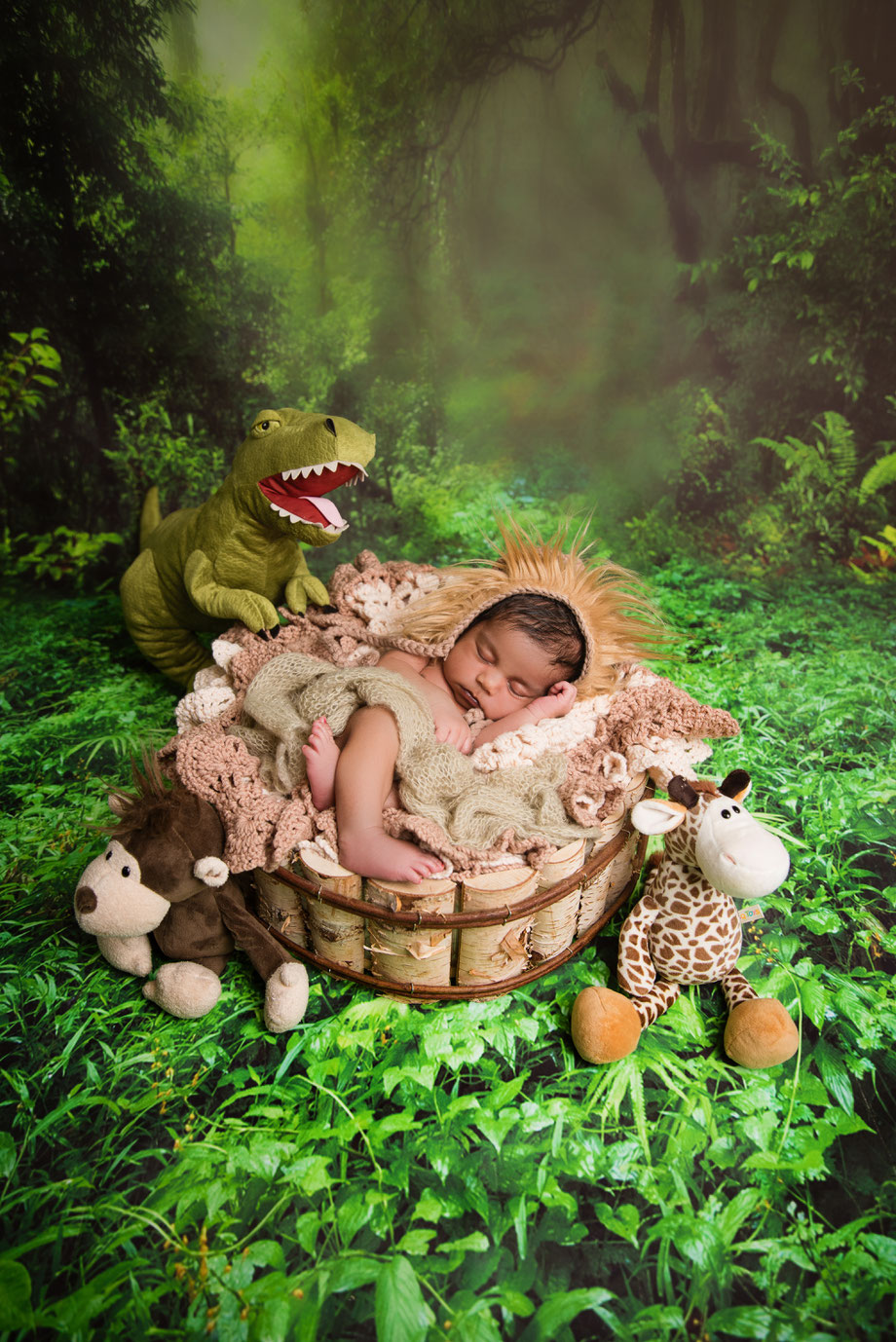 newborn boy in clothes and dinosaurus