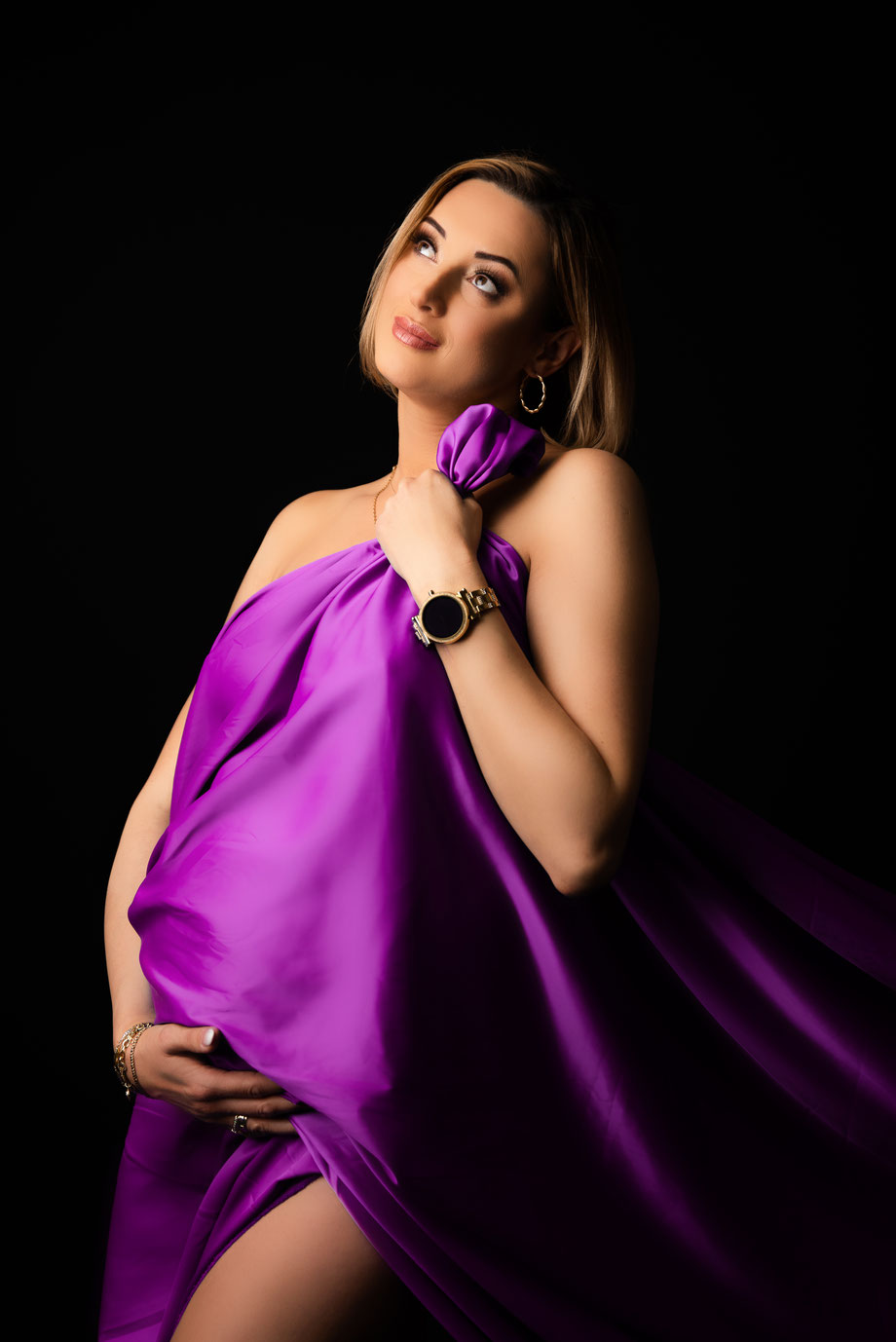 purple very shiny maternity dress