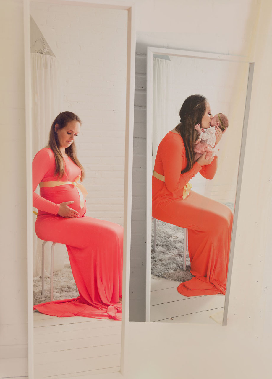 Vrouw in verwachting in elegante rode jurk