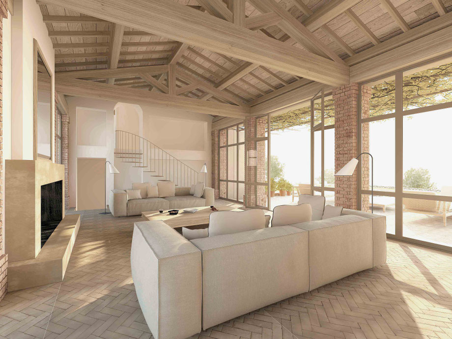 Rénovation d'une maison à Aix-en-Provence. Salon avec du bejmat au sol, des menuiseries extérieures en acier thermolaquée sur-mesure