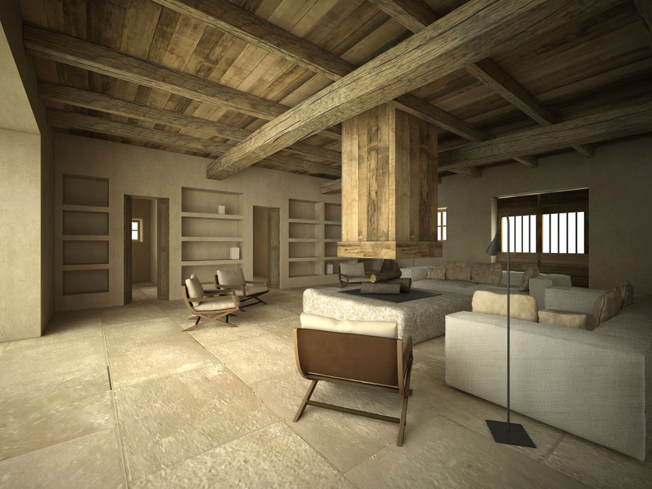 Rénovation d'un chalet dans les Alpes. Salon avec une cheminée centrale