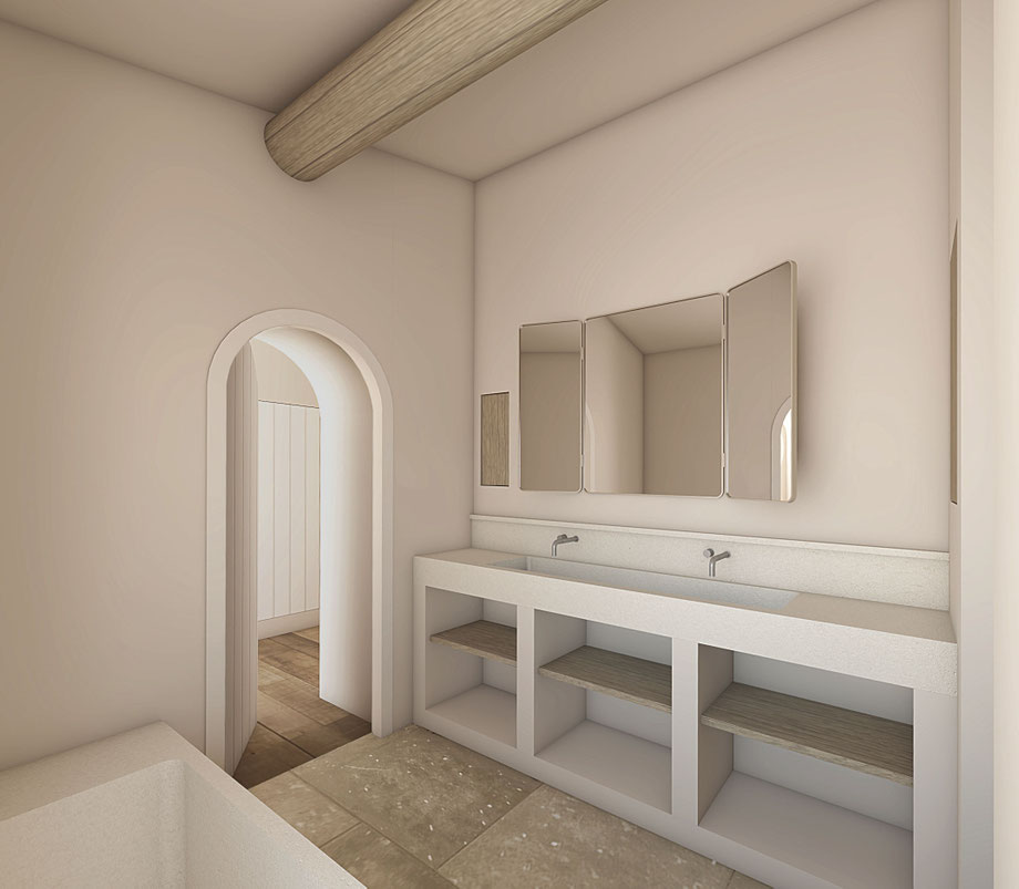 Rénovation et extension d'une maison à Aix-en-Provence. Salle de bain master avec une baignoire en béton, un plan vaque sur-mesure.