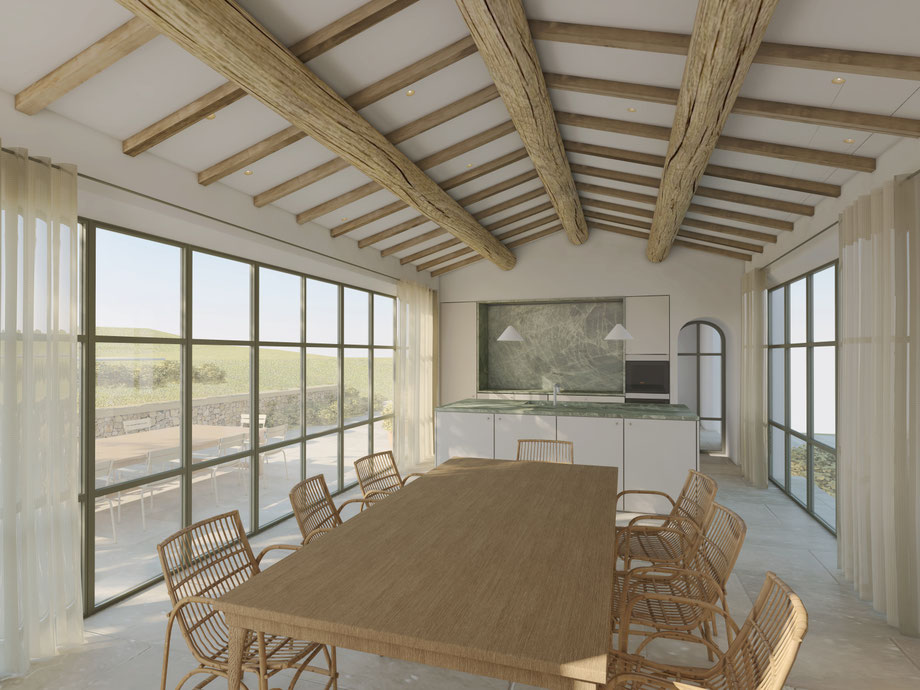 Rénovation d'une maison autour d'Aix-en-Provence, à Eguilles. La cuisine composée de mobilier sur-mesure et d'un plan de travail en pierre naturelle, taj Mahal.