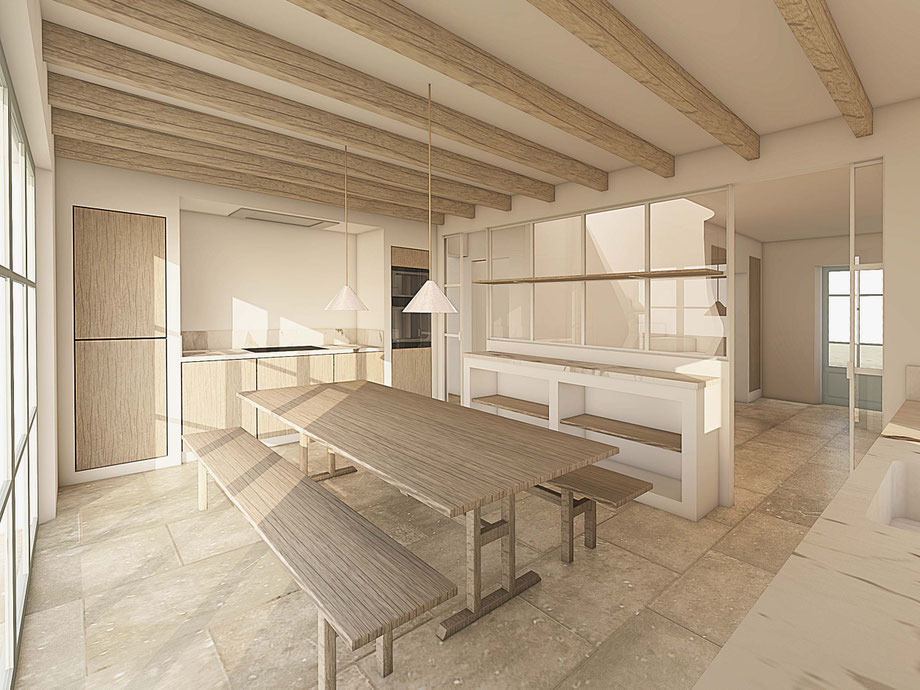 Rénovation et extension d'une maison à Aix-en-Provence. Cuisine en bois sur-mesure, plan de travail et crédence en pierre naturelle.