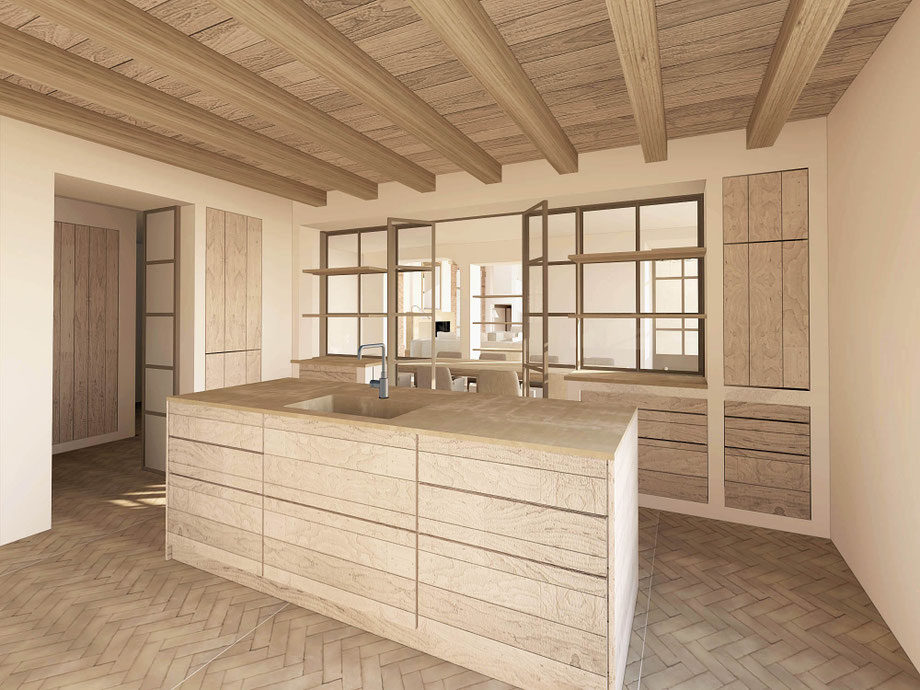 Rénovation d'une maison à Aix-en-Provence. Cuisine avec du bejmat au sol, des meubles en bois sur-mesure