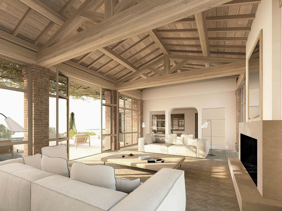 Rénovation d'une maison à Aix-en-Provence. Salon avec du bejmat au sol, des menuiseries extérieures en acier thermolaquée sur-mesure