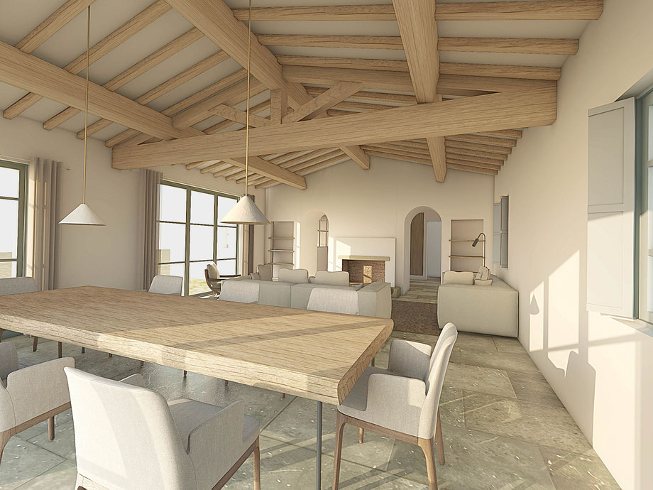 Rénovation et extension d'une maison à Aix-en-Provence. Espace salon et salle à manger, sol en pierre naturelle, canapé Bérangère Leroy Leroy, suspension suspentes keaton