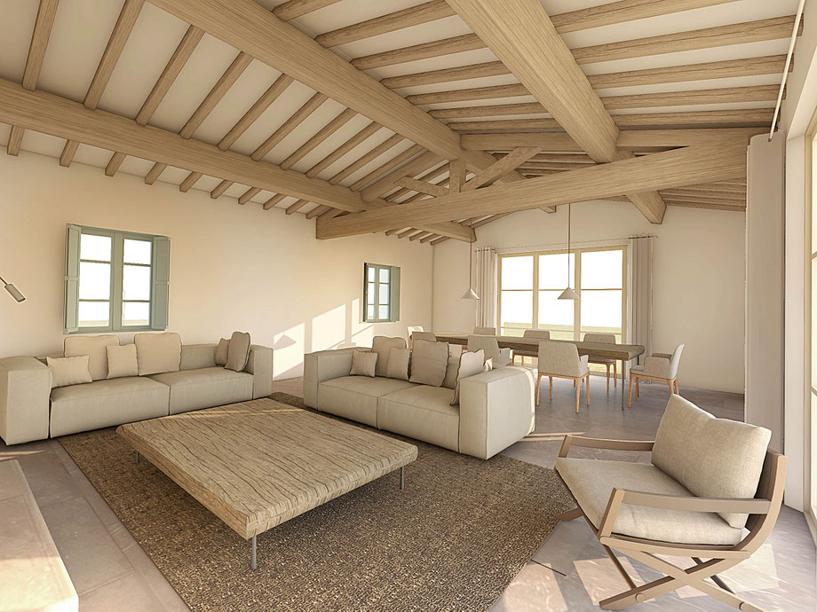Rénovation et extension d'une maison à Aix-en-Provence. Espace salon et salle à manger, sol en pierre naturelle, canapé Bérangère Leroy Leroy